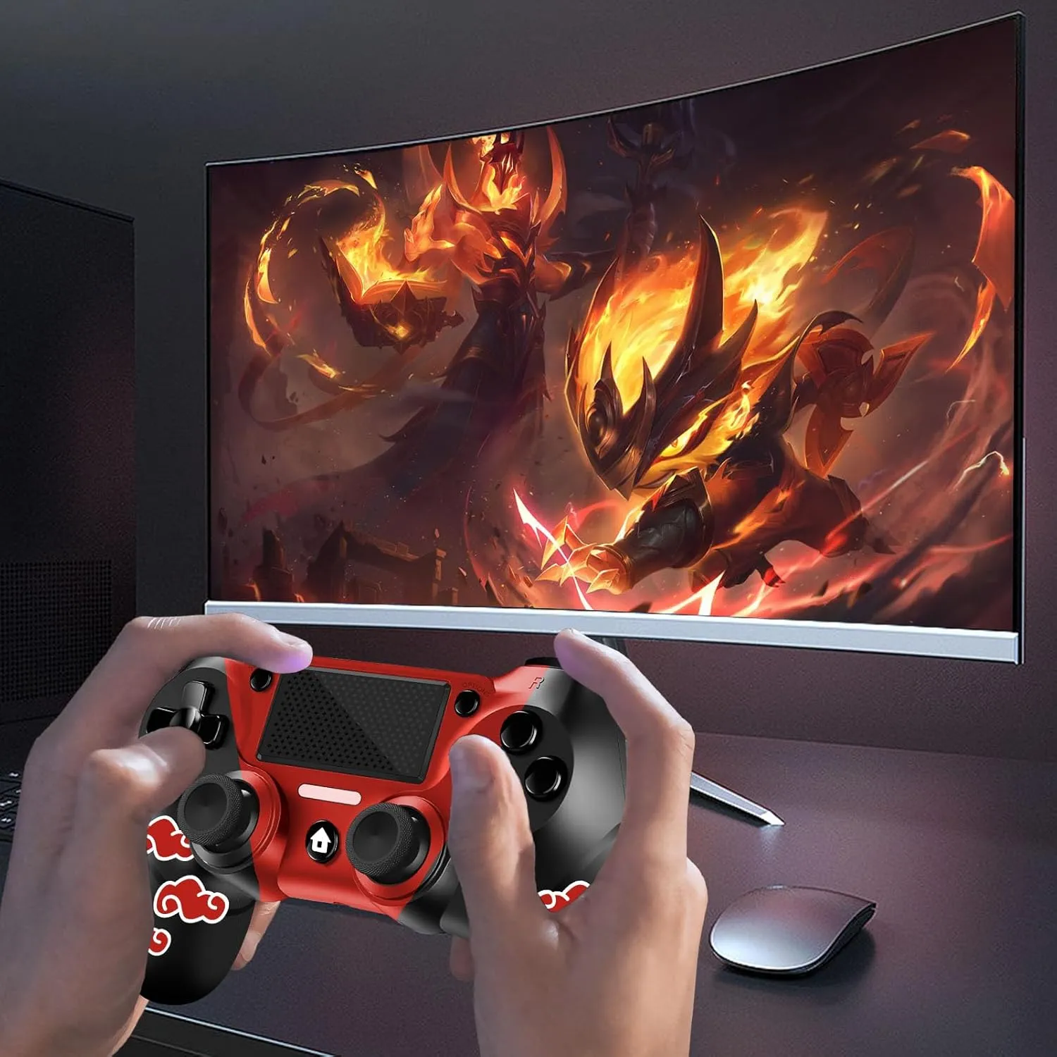 AceGamer Wireless Controller for PS4 Compatible with PS4/Slim/Pro, FTFVaska Gamepad with Enhanced Dual Vibration/Analog Sticks/6-Axis Motion Sensor/Charging Cable/Thumb Caps! (Red Cloudy)