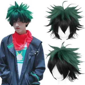 JoneTing Green Cosplay Wig  (Wig Cap) for Anime Short Wavy Synthetic Wigs for Halloween Dark Green Wig for Men Costume Peluca Verde Cosplay Wig for Chrismas Party