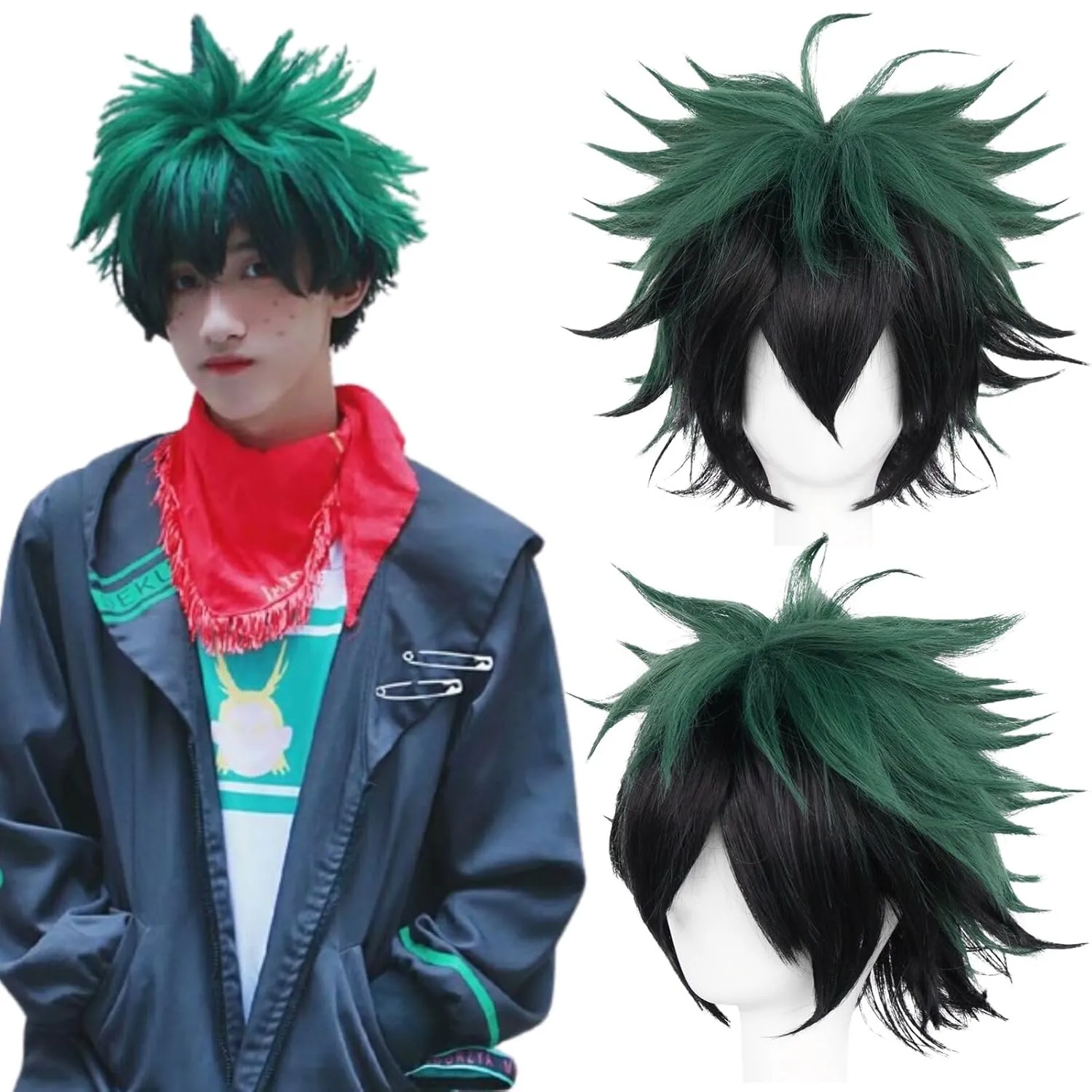 JoneTing Green Cosplay Wig  (Wig Cap) for Anime Short Wavy Synthetic Wigs for Halloween Dark Green Wig for Men Costume Peluca Verde Cosplay Wig for Chrismas Party