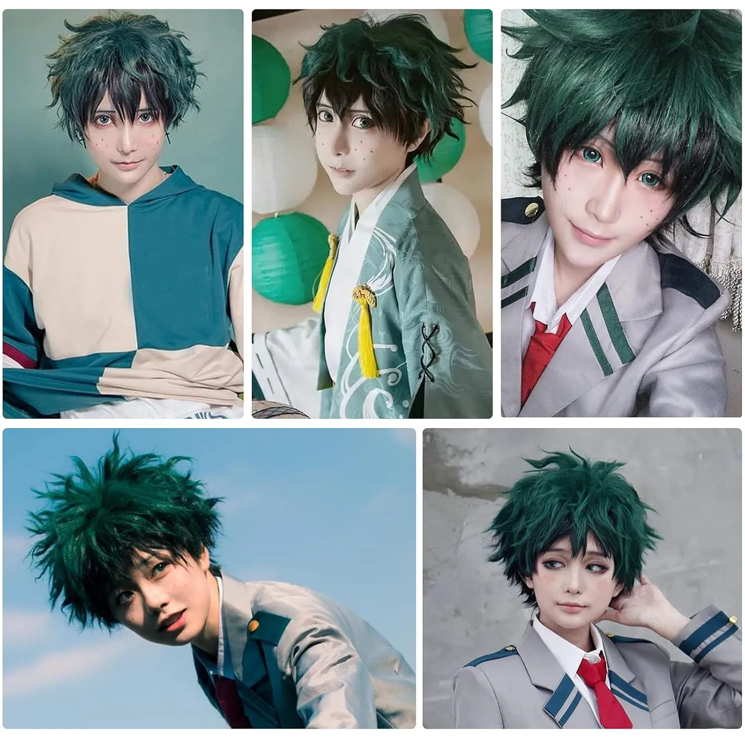 JoneTing Green Cosplay Wig  (Wig Cap) for Anime Short Wavy Synthetic Wigs for Halloween Dark Green Wig for Men Costume Peluca Verde Cosplay Wig for Chrismas Party