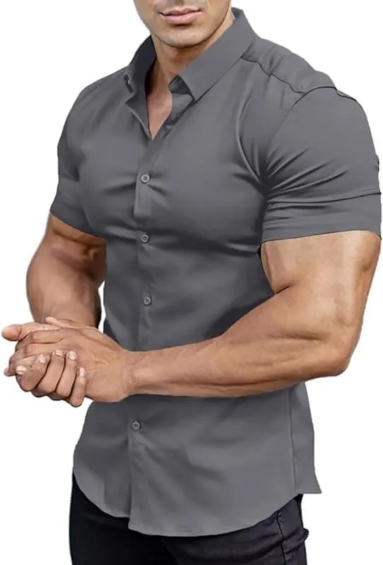 Men??s Muscle Fit Dress Shirts Athletic Slim Fit Short Sleeve Stretch Casual Button Down Shirt