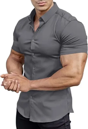 Men??s Muscle Fit Dress Shirts Athletic Slim Fit Short Sleeve Stretch Casual Button Down Shirt