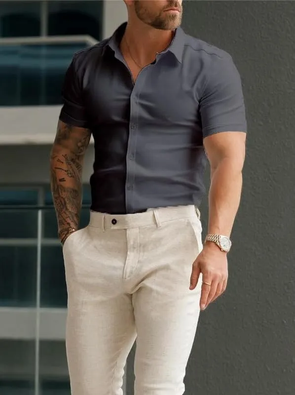 Men??s Muscle Fit Dress Shirts Athletic Slim Fit Short Sleeve Stretch Casual Button Down Shirt