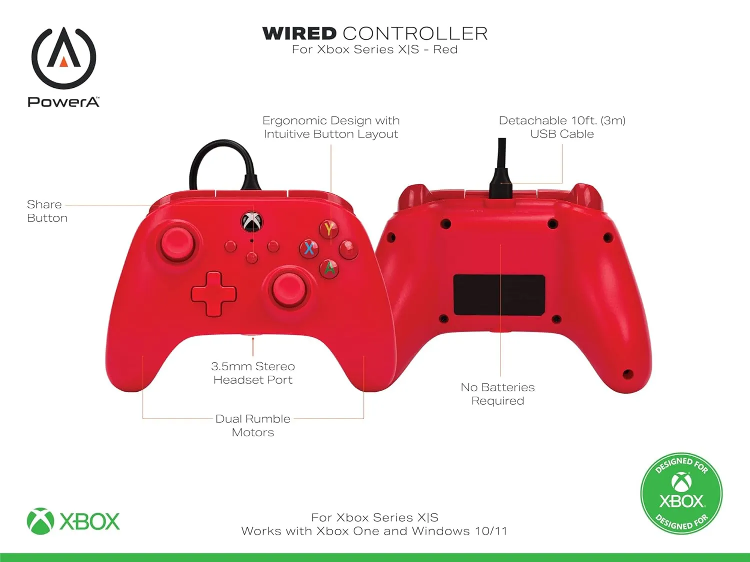 PowerA Wired Controller for Xbox Series X|S - Red, gamepad, video game/gaming controller, works with Xbox One, Officially Licensed