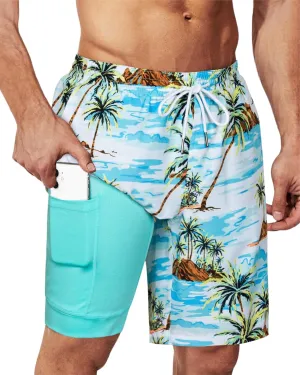 SURF CUZ 9" Mens Swim Trunks with Compression Liner Bathing Suits 2 in 1 Stretch Zipper Pockets Quick Dry