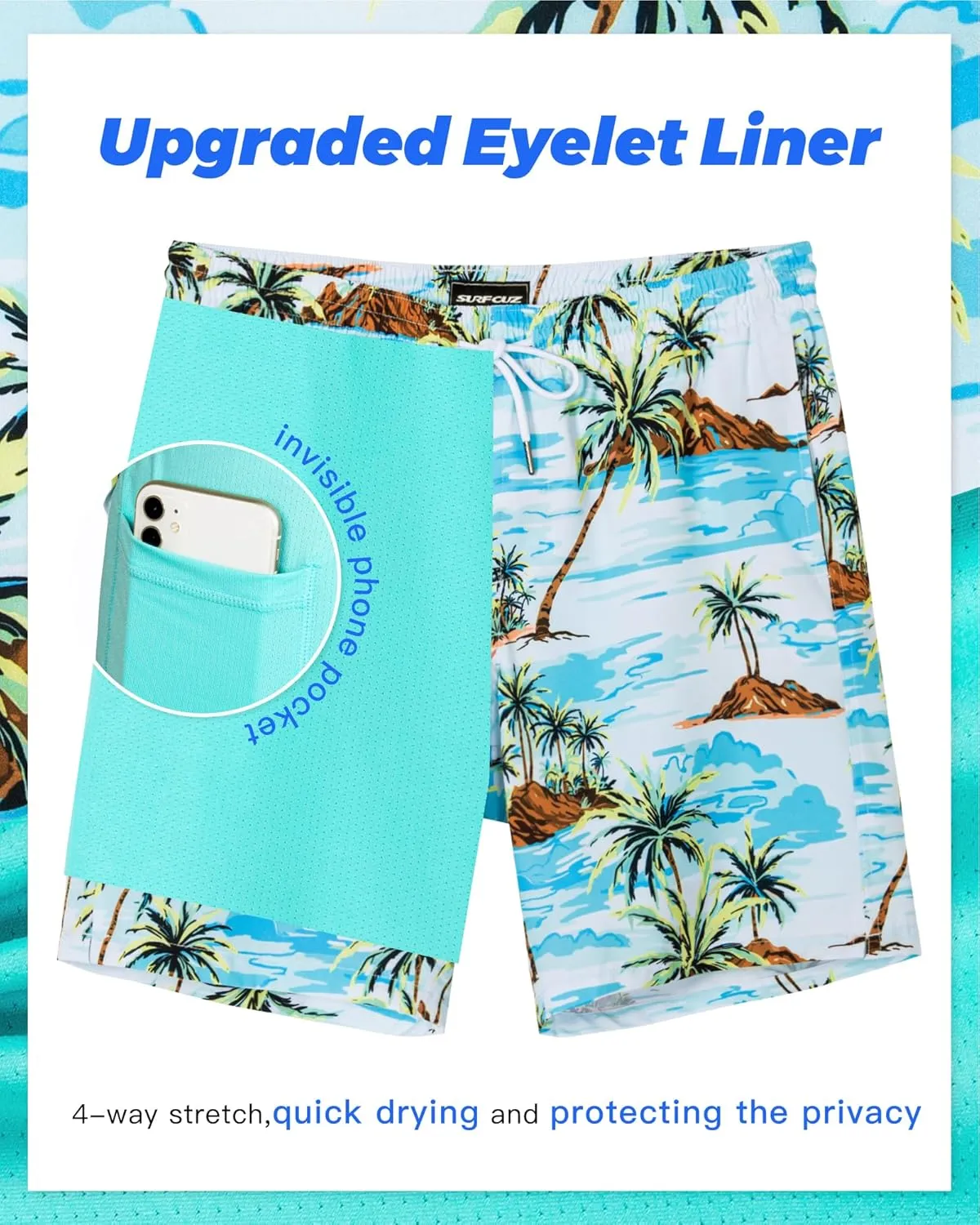 SURF CUZ 9" Mens Swim Trunks with Compression Liner Bathing Suits 2 in 1 Stretch Zipper Pockets Quick Dry